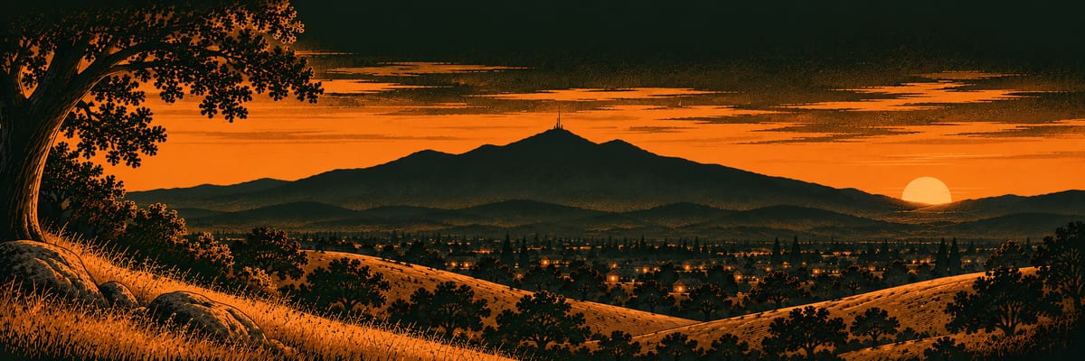 Illustration: golden hills and a small town with its lights coming on, under Mount Diablo at sunset.