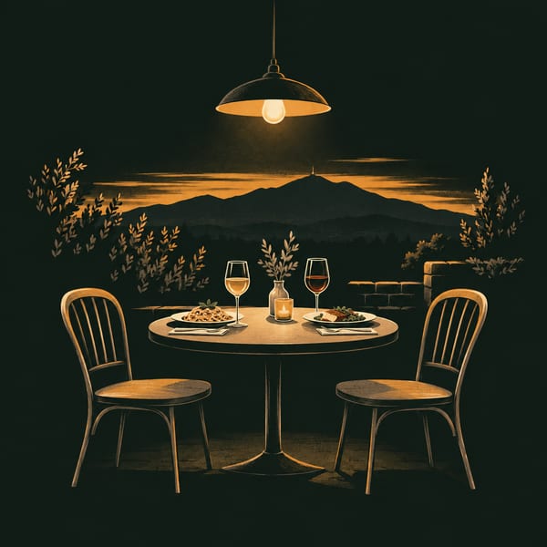 Illustration: a café table set for two under a pendant light, a mountain on the horizon at dusk.