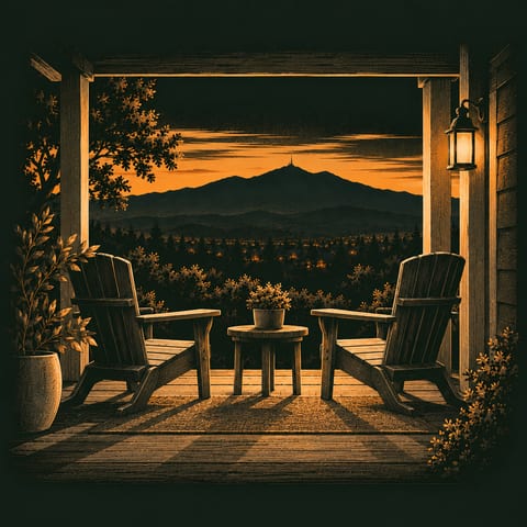 Illustration: two empty porch chairs and a small table facing a mountain at dusk.
