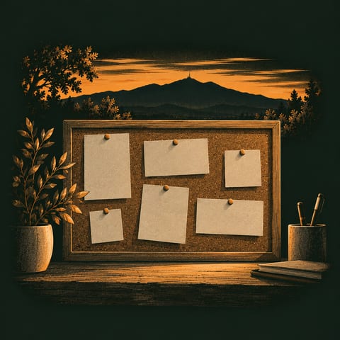 Illustration: a corkboard with blank cards pinned to it, a mountain at dusk behind.