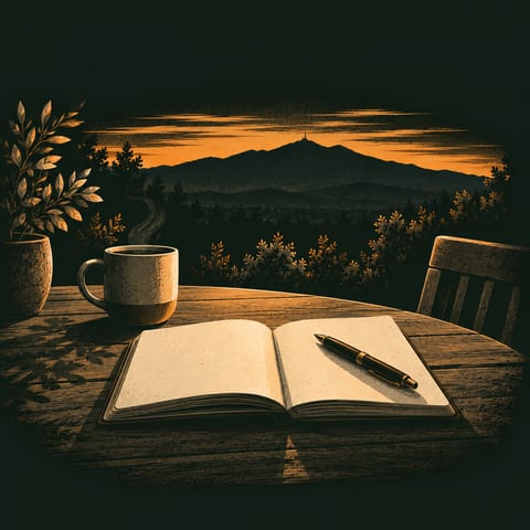 Illustration: an open notebook and a pen on a table, a mug beside them, a mountain at dusk beyond.