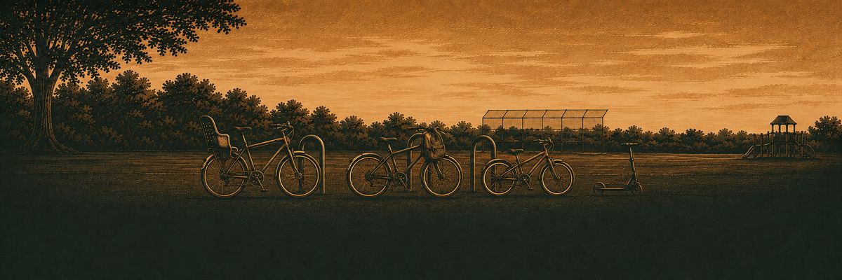 Illustration: three bicycles and a scooter at a school bike rack beside a playfield at dusk.