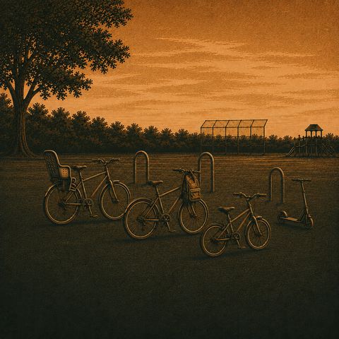 Illustration: three bicycles, a child seat, a backpack and a scooter beside a playfield.