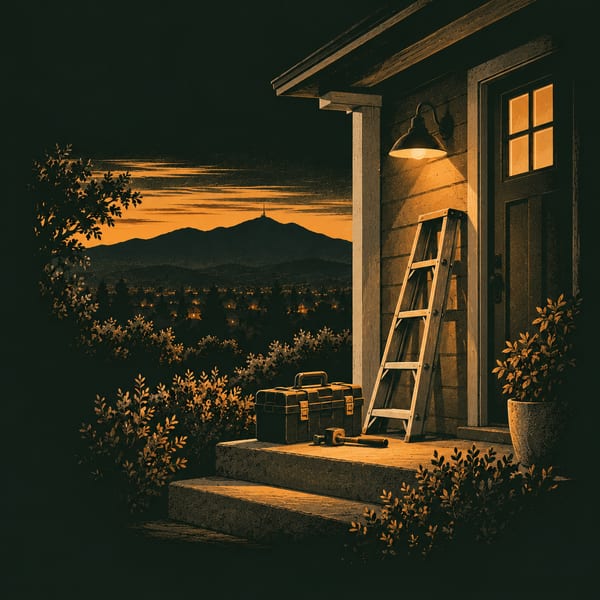Illustration: a stepladder and toolbox on a porch under a wall lamp, a town and mountain at dusk beyond.