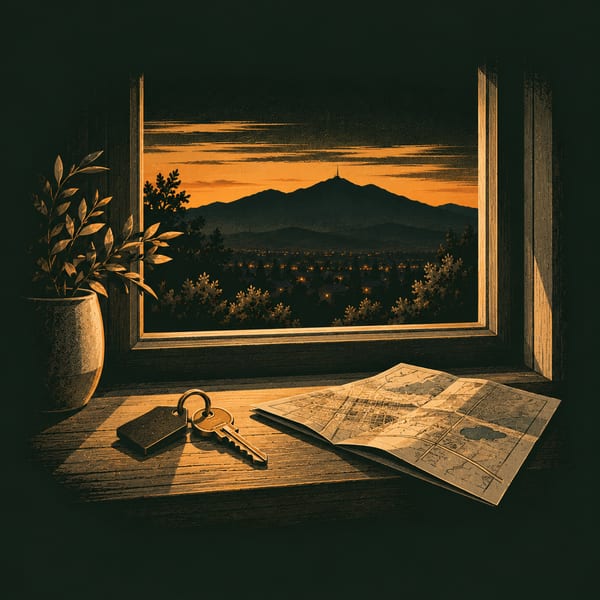Illustration: house keys and a folded map on a sill, a window open on a mountain at dusk.