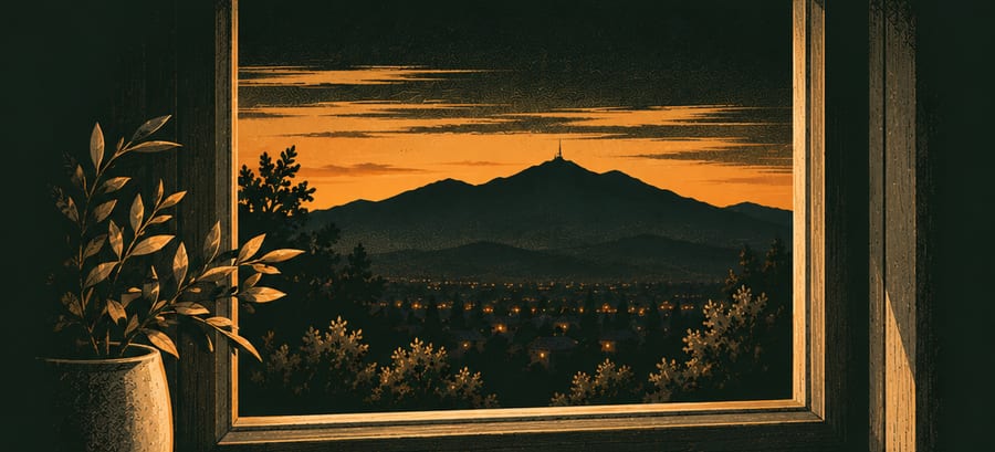Illustration: a potted plant on a sill beside a window open on a mountain and town lights at dusk.