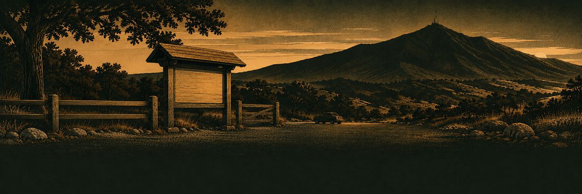 Illustration: a trailhead kiosk and gate at the edge of town, a canyon rising toward Mount Diablo at dusk.