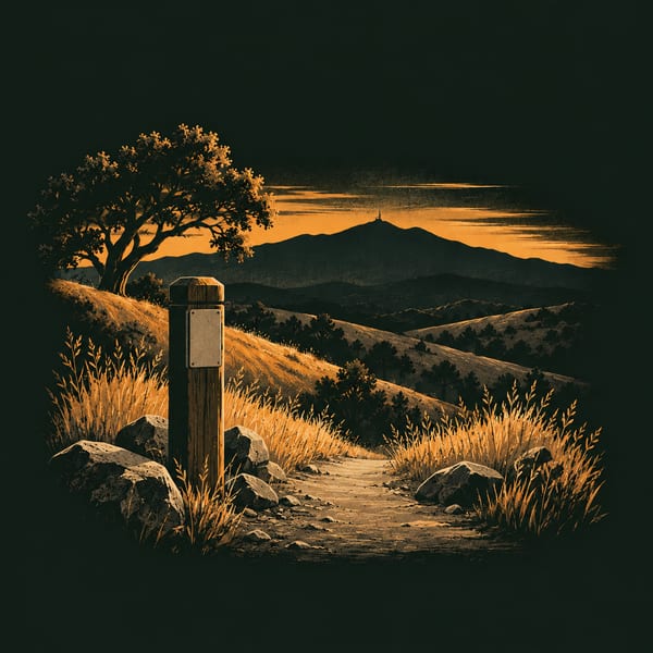 Illustration: a trail marker post on a path through dry golden hills, an oak and a mountain at dusk.
