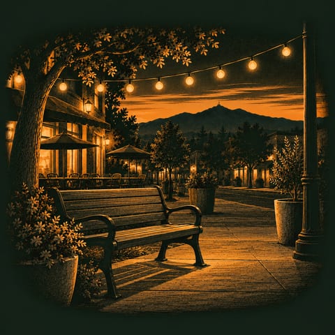 Illustration: a bench under string lights on a small-town street at dusk, café tables behind it.