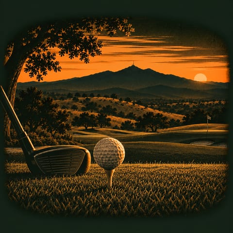 Illustration: a driver and a teed ball on a fairway, hills and a mountain at dusk beyond.