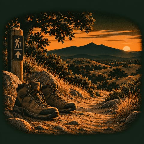 Illustration: hiking boots beside a trail marker on a path through golden hills at dusk.